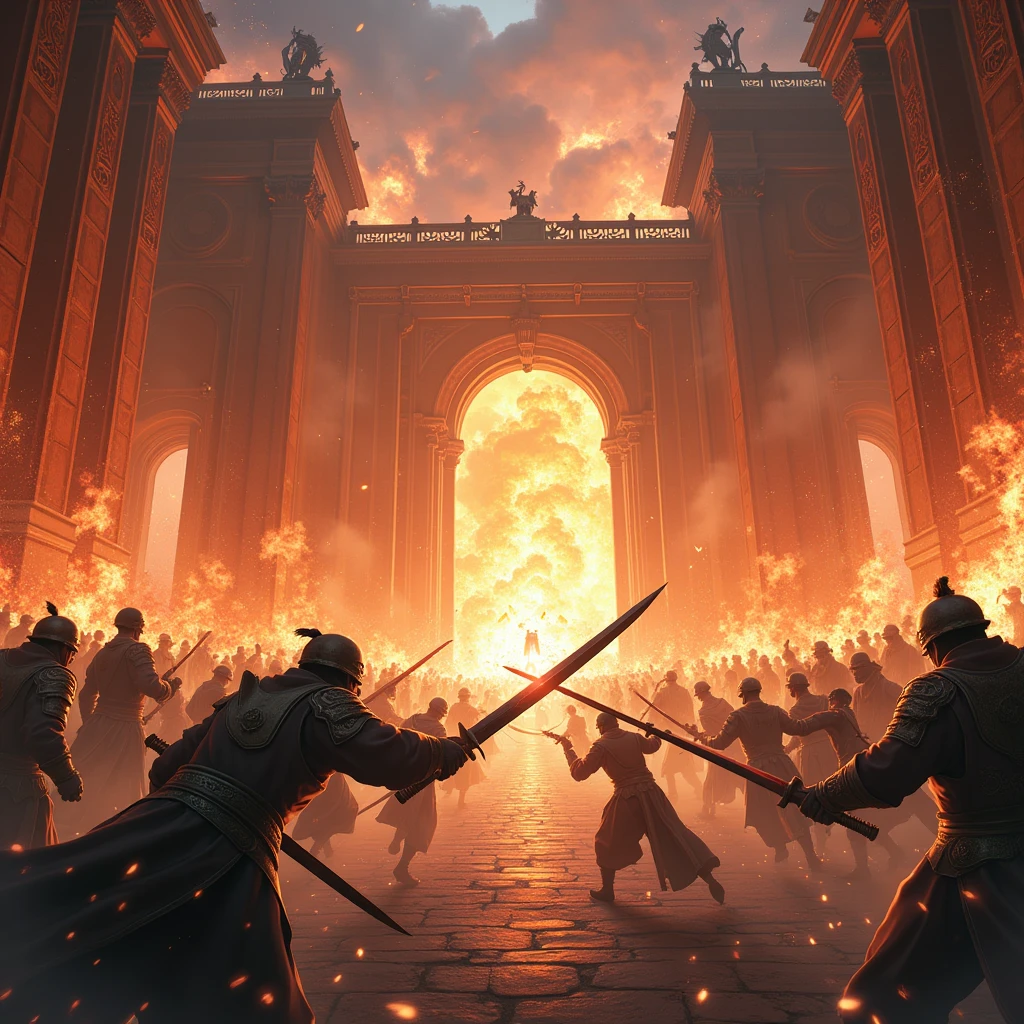 Describe the atmosphere of war between warriors in a palace environment that is burning due to conflict., people running and chaos in the middle of war, Realistic anime artstyle, perpfect detail. hyper realistic, 4K, UDH. ultra detail, Hyper maximalism, Stunning 4K high resolution images
