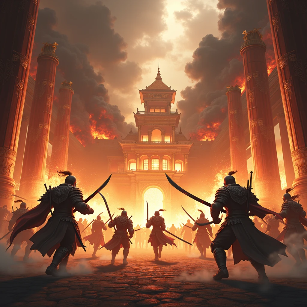 Describe the atmosphere of war between warriors in a palace environment that is burning due to conflict., people running and chaos in the middle of war, Realistic anime artstyle, perpfect detail. hyper realistic, 4K, UDH. ultra detail, Hyper maximalism, Stunning 4K high resolution images