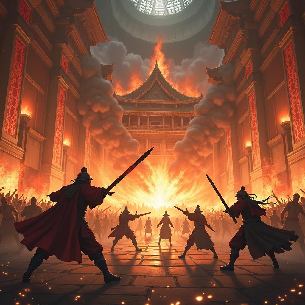 Describe the atmosphere of war between warriors in a palace environment that is burning due to conflict., people running and chaos in the middle of war, Realistic anime artstyle, perpfect detail. hyper realistic, 4K, UDH. ultra detail, Hyper maximalism, Stunning 4K high resolution images
