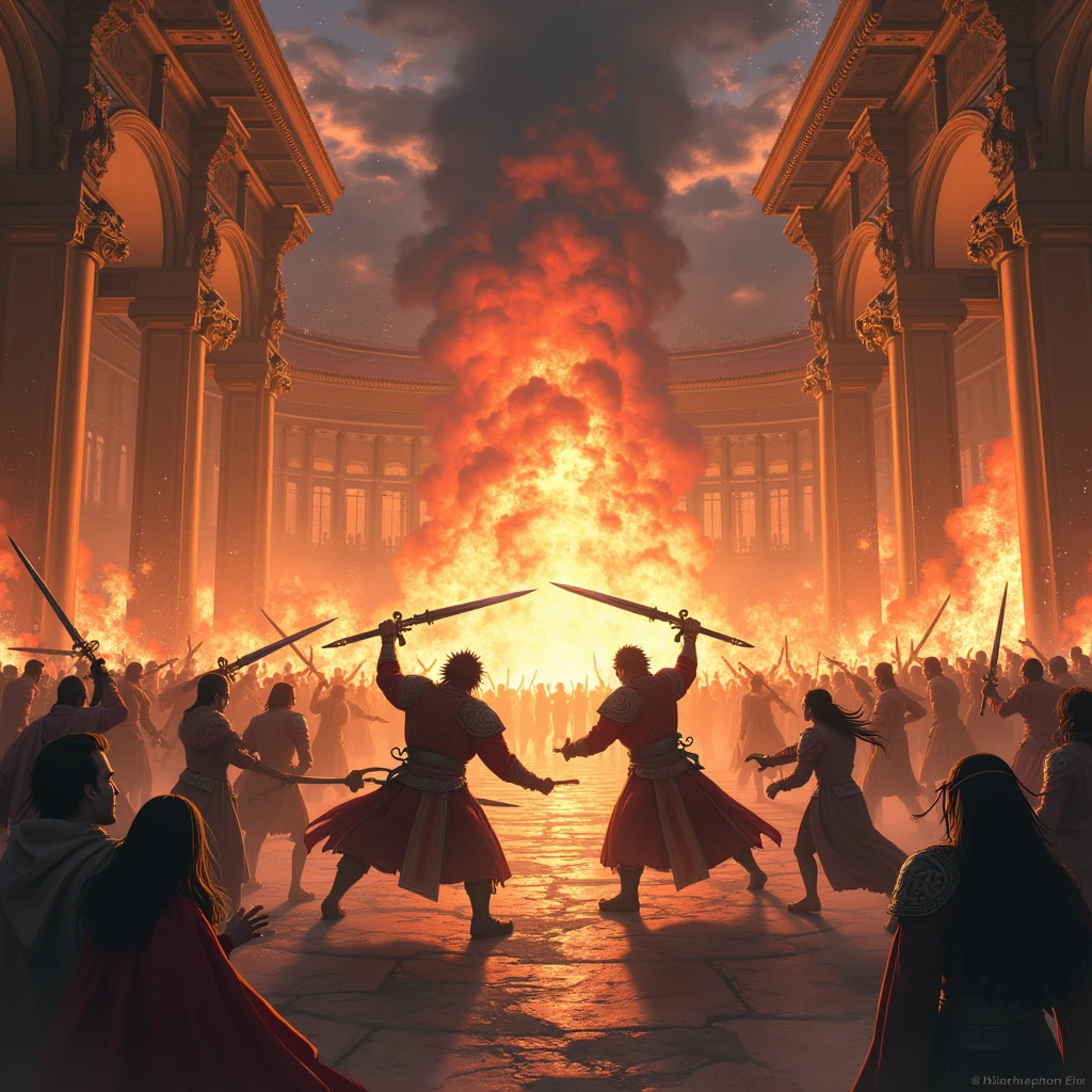 Describe the atmosphere of war between warriors in a palace environment that is burning due to conflict., people running and chaos in the middle of war, Realistic anime artstyle, perpfect detail. hyper realistic, 4K, UDH. ultra detail, Hyper maximalism, Stunning 4K high resolution images