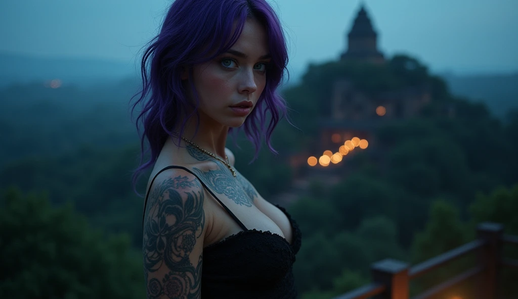 tatuados,Very beautiful big breasts、(dress)(H-Cup Bust),(Back tattoo、Many tattoos on both arms and neck)、 (Late night at Sigiriya Rock in Sri Lanka - Ancient royal palace ruins built on the lion's rock),Candlelight only,Very detailed, 2, A beautiful woman,Depressed face, Purple Hair,Medium Wavy Hair, blue eyes, High resolution, masterpiece, Highest quality, Intricate details, Very detailed, Clear focus, Delicate skin, practical skin texture, texture, Delicate eyes, Professional, 8k, Sad face,despair、 Shot with Canon, 85mm, Shallow and deep, Kodak Vision Color, Exactly, Very detailed, photograph_\(Extremist\), photographpractical, practical, Post-processing, Maximum details, Roughness, Real Life, Extremist practical, Photorealism, photographgraphy, 8k ウルトラ HD, photographgraphy