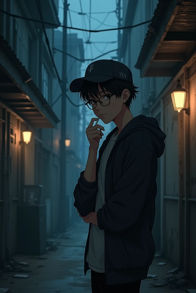 An anime boy with short black hair, glasses and a hat smoking a cigarette in a garage at night in an alley.