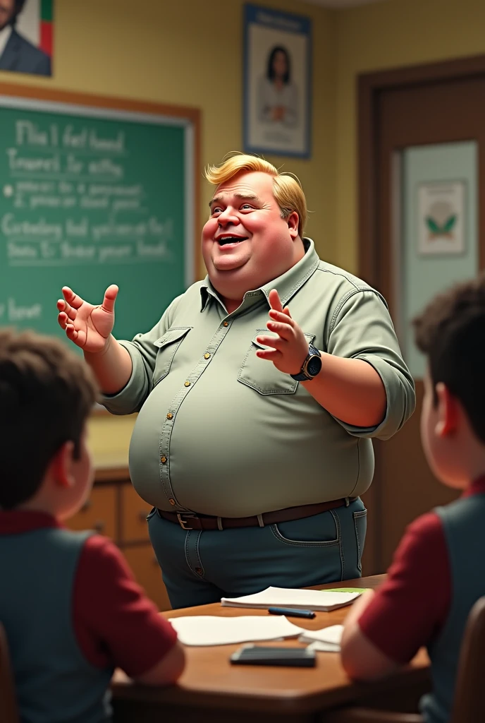 create a fat man teacher with short blond hair, software developer, dating bob marley