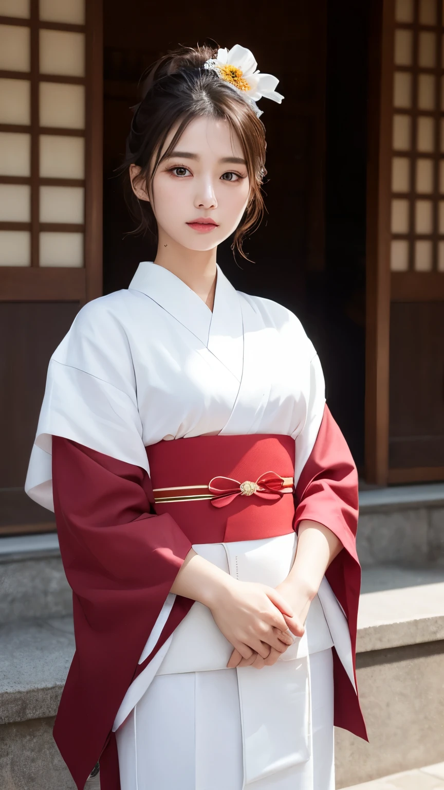 short hair、(Photo realistic:1.4)、(Surreal:1.4)、(Realistic:1.3)、 (Gentle lighting: 1.05)、(Improve the lighting quality of the video:0.9)、32K ...、 One person、20-year-old girl、Photorealistic Lighting、Backlight、Facial Light、Ray-tracing、(bright:1.2)、(Improvement of quality:1.4)、 (Highest Quality Real Texture Skins)、Beautiful Eyes,Delicate and elegant face、 (Tired, sleepy and satisfied : 0.0), Face close-up, White kimono、Red long skirt、Shrine maiden costume : 1.3, ((Closing the collar of a kimono)), Glowing Skin、Korean Idol、Nogizaka Idol、Burning idol pose、Beautiful actress、A proper woman、 whole body