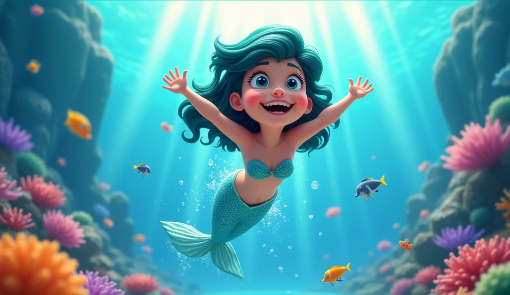 Create an animated scene featuring a playful, energetic character (such as a lively mermaid or a cheerful dolphin) splashing and flipping joyfully underwater. The character should have a big smile, with bubbles and waves surrounding her to convey the fun and excitement of the moment. The underwater scene should be vibrant and colorful, with bright coral reefs, tropical fish, and sunbeams piercing through the water. The character should clearly stand out as the star of the underwater adventure, showcasing her confidence and happiness as 'number one' in her aquatic world.