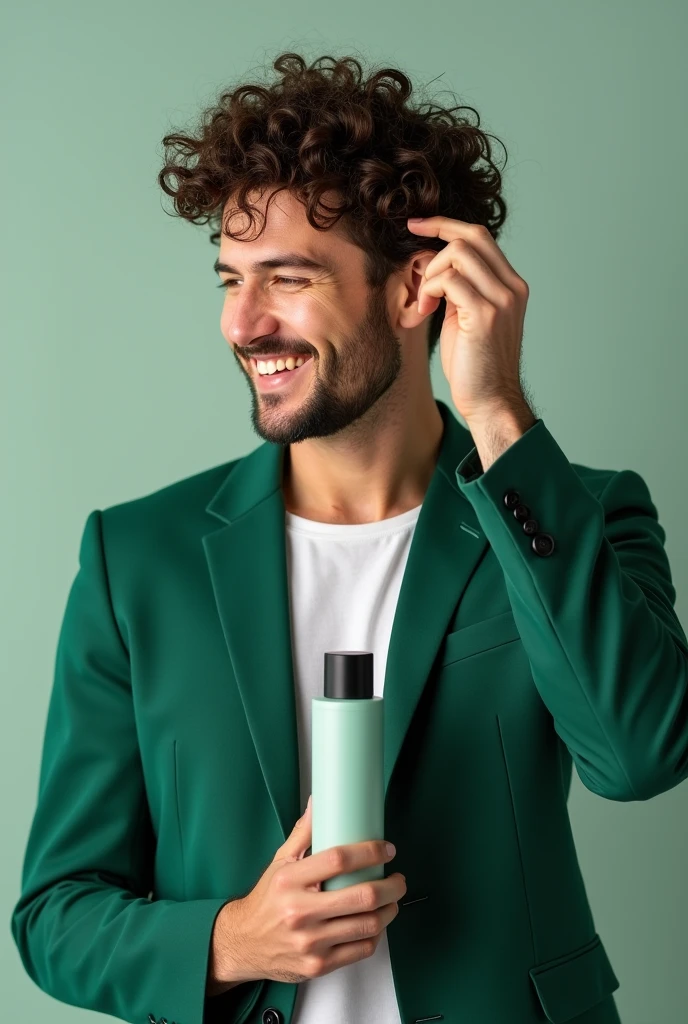 "a happy white man, with lots of hair and with a smooth curl and very short hair length, is wearing a green suit. He is playing with his hair with one hand, and with the other he is showing a hair product the image shows his entire body.