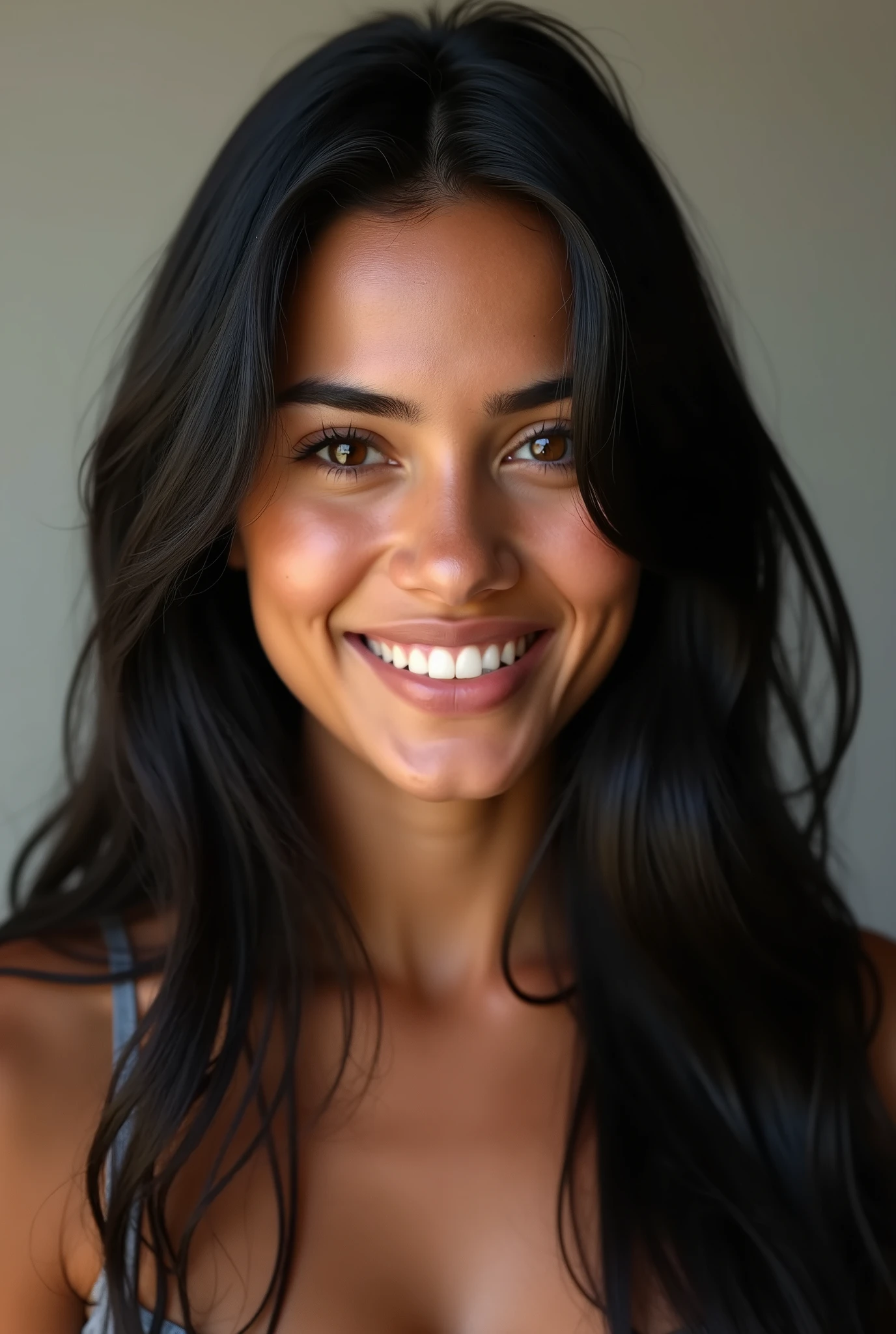 (photorealism: 1.2), Brazilian woman, long straight black hair, brown eyes, smiling, tanned, age 20-25, front view photo