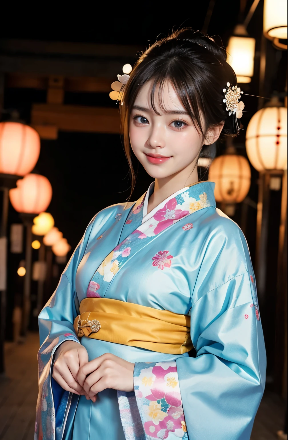 very cute girl, super cute face,clear attractive eyes, detailed Beautiful eyes,smiling, realistic photograph,gorgeous flamboyantly colored long sleeves kimono,
furisode ,very beautiful kimono,
Costume lighting