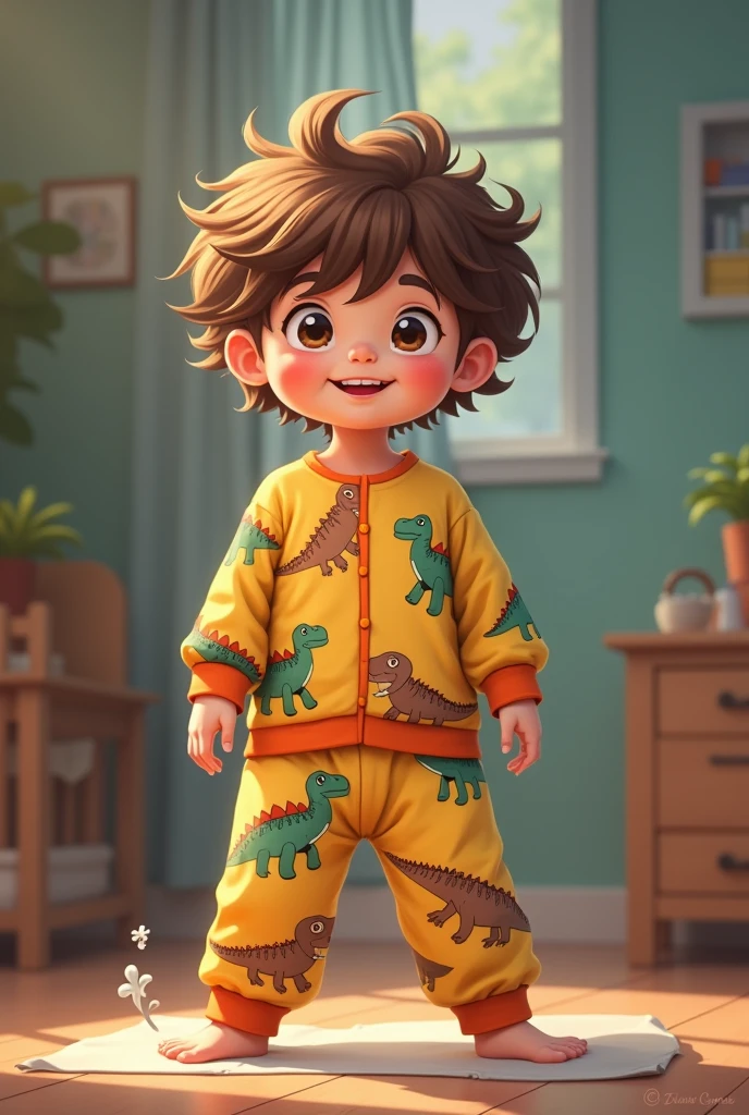 A cute young 7 year-old boy with fluffy hair, dinosaur pajamas while their pajama bottoms fell down to their ankles, showing their body to the viewer