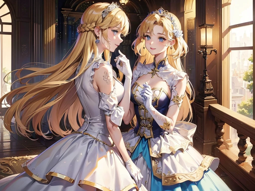 The social debut of lavishly dressed young ladies, 三人のお嬢Mr., Medium Cut, Blonde Hair, Gold decoration, hair ornaments, tiara, (Blue Eyes:1.3), lize, SMILE, smile, Thighs, gloves, Waistline, Earrings, 白いgloves, 指なしgloves, leather trim, White Wedding Dress, ballroom dress, vision(Expert Preference), Leotard Dresses, REST outdoors, REST looking at the viewer, (Cowboy Shot:1. 1. 5)、(masterpiece:1.2)、Highest quality、High resolution、Unity Wallpaper 8k、(An illustration:0.8)、(Beautiful detailed eyes:1.6)、Highly detailed face、Perfect lighting、Highly detailed CG、Mr.々Expression,(Perfect hands、Perfect Anatomy)、
