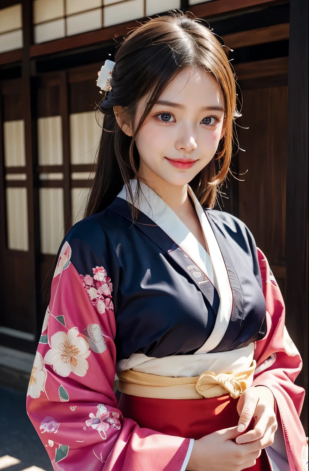very cute girl, super cute face,clear attractive eyes, detailed Beautiful eyes,smiling, realistic photograph,gorgeous flamboyantly colored long sleeves kimono,
furisode ,very beautiful kimono,
Costume lighting
