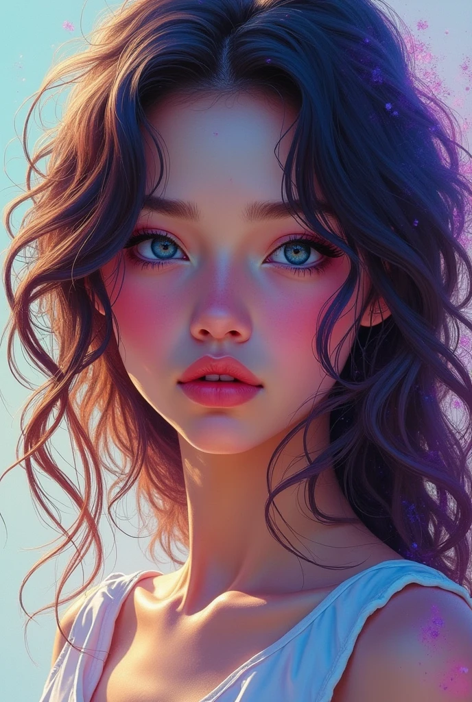 Colorful beautiful girl:28-year-old girl,dirty hair,oil painted,perfect face,soft skin, perfect face,blue-yellow colors,Added light purple and violet colors.,added light red color,complex parts,screensaver,permission 8k,chedevr, cute face, ArtStation digital painting provides smooth and very black ink flow.:Photorealistic masterpiece in 8k resolution:complex detailed painting with liquid gouache:author: By Jean Baptiste Mongue:calligraphy:propylene:watercolor art,professional photo shoot,daylight,Minimalistic photographic illustration of volumetric lighting:author Мартон Бобзерт: ,difficult,elegance,Раскидистый,magical dream,Wavy hair,with dynamism