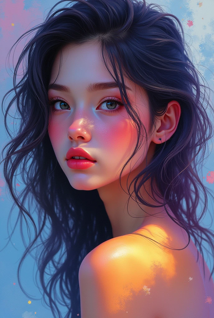 Colorful beautiful girl:28-year-old girl,dirty hair,oil painted,perfect face,soft skin, perfect face,blue-yellow colors,Added light purple and violet colors.,added light red color,complex parts,screensaver,permission 8k,chedevr, cute face, ArtStation digital painting provides smooth and very black ink flow.:Photorealistic masterpiece in 8k resolution:complex detailed painting with liquid gouache:author: By Jean Baptiste Mongue:calligraphy:propylene:watercolor art,professional photo shoot,daylight,Minimalistic photographic illustration of volumetric lighting:author Мартон Бобзерт: ,difficult,elegance,Раскидистый,magical dream,Wavy hair,with dynamism