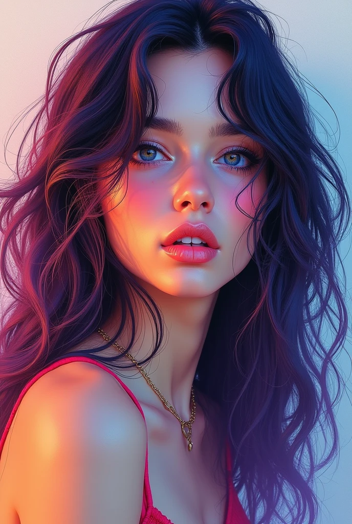 Colorful beautiful girl：28-year-old girl，dirty hair，oil painted，perfect face，soft skin, perfect face，blue-yellow colors，Added light purple and violet colors.，added light red color，complex parts，screensaver，permission 8k，chedevr, cute face, ArtStation digital painting provides smooth and very black ink flow.：Photorealistic masterpiece in 8k resolution：complex detailed painting with liquid gouache：author: By Jean Baptiste Mongue：calligraphy：propylene：watercolor art，professional photo shoot，daylight，Minimalistic photographic illustration of volumetric lighting：author Мартон Бобзерт： ，difficult，elegance，Раскидистый，magical dream，Wavy hair，with dynamism