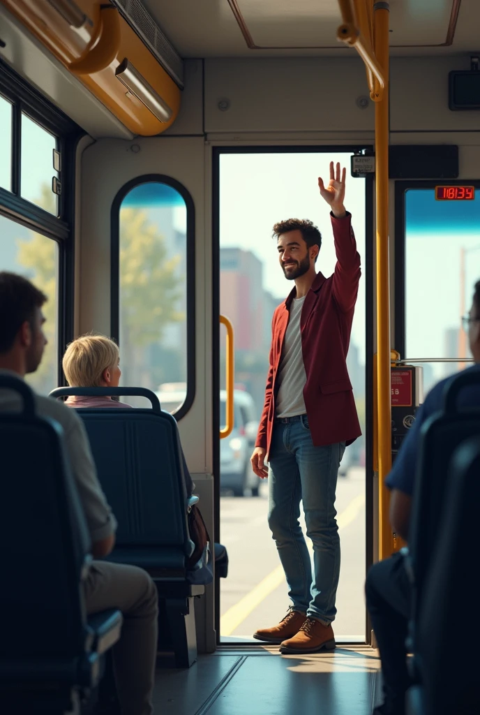 A passenger waving goodbye to the bus driver from the bus exit door.