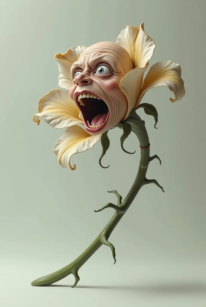 Create a wilting flower so that the stem arches to the ground as if the flower is falling backwards. but that the flower has a face of extreme terror and looking up in profile while bending on its back, the curvature of the stem must be upside down so that the part of the petals almost touches the ground.