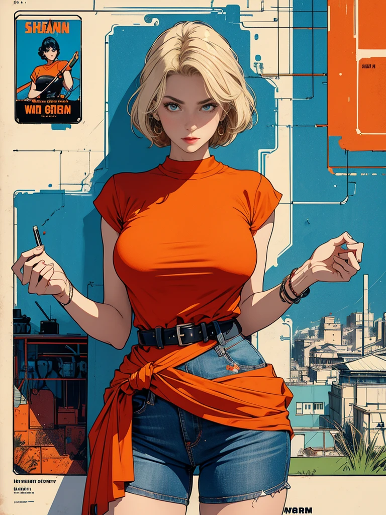 ((masterpiece, Highest quality)), (((whole body :1.5))), 32K Wallpapers, Very detailed, Poster, Vintage science fiction, 1960s,(((geometric cinematic movie Poster))), (Bauhaus), shape,Abstract, Midcentury Modern, movie Poster, Vintage, Perfect Lady,1970s,Halftone,Speech bubble,(((portfolio,close))), Tall and straight blonde mature girl, Sexy, Medium Neck, He is wearing a plain, tight orange short-sleeved U-neck T-shirt, She completely exposed her midsection, She is wearing jeans, she wears a large orange belt with a red heart-shaped buckle, beautiful abdomen, Beautiful thighs, Long and slender thighs, A pose that makes it appear as if you are facing forward with your hands on your hips, whole body