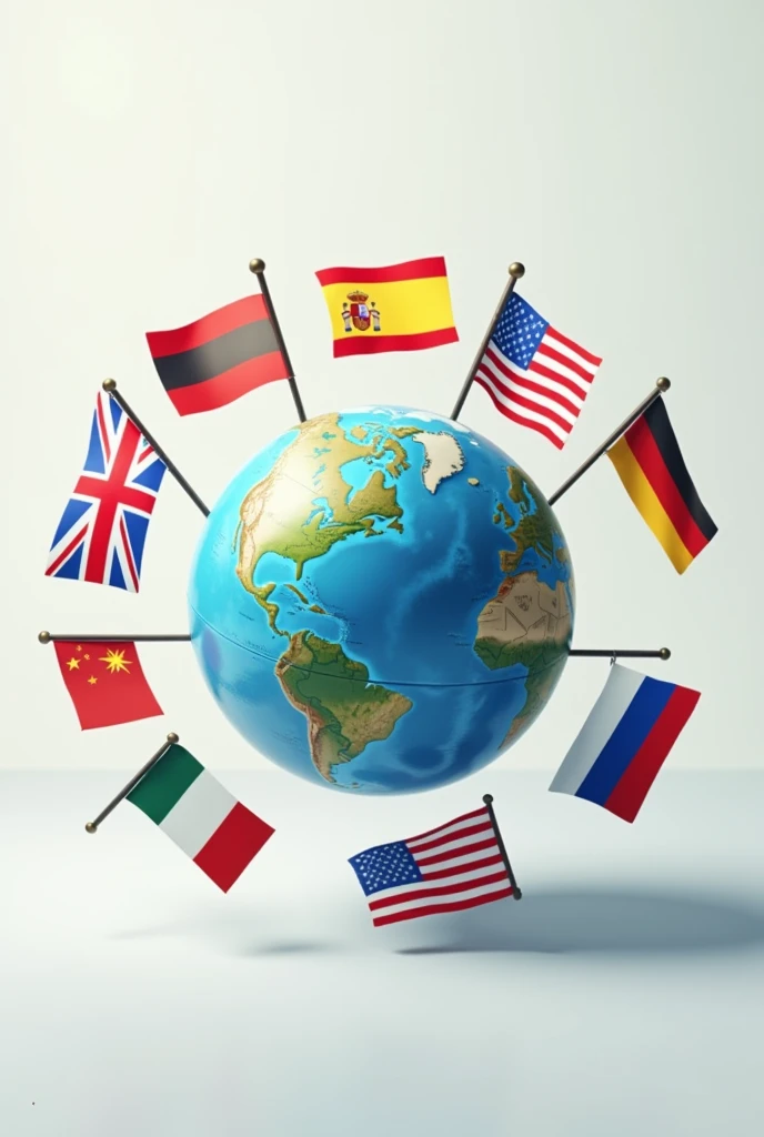 generate me an image with the english flag, American, espagnol, Portuguese, French, german, Dutch and Russian floating around a globe  