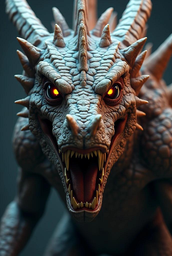 angry dragon face similar to modern godzilla and gargoyle faces hyperrealistic