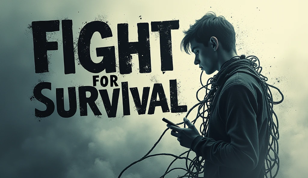 An aesthetic image with only bold text that says, Fight for survival. In background add some struggle to get out of phone addiction