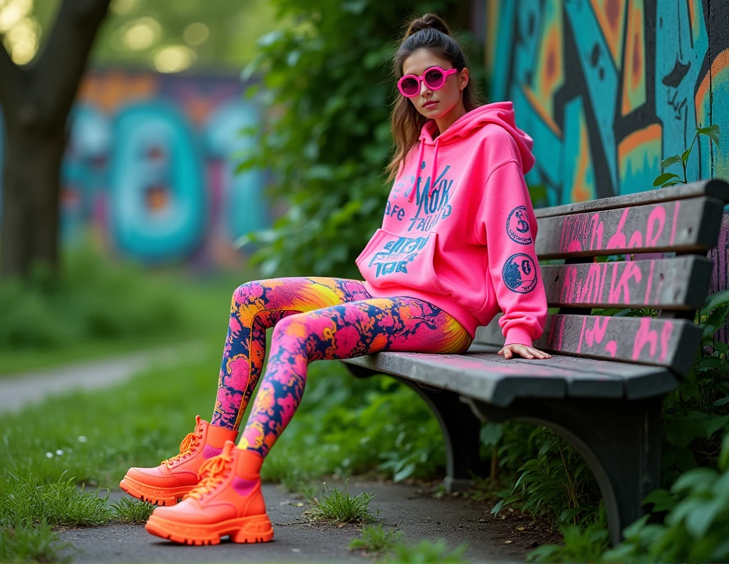 {Photorealistic Instagram image of a vibrant, eco-friendly streetwear outfit} set in a lush green park with urban graffiti walls in the background. The model is wearing a {neon-pink oversized hoodie made from organic cotton}, featuring {eco-friendly ink graffiti-style designs of plants and flowers}, with {detachable sleeves that convert it into a vest}. The outfit is paired with {slim-fit, biodegradable leggings in a bright neon-green color}, printed with a {high-sheen circuit board pattern for a futuristic look}. The model's footwear consists of {chunky, neon-orange boots with thick soles made from recycled rubber}, equipped with {integrated LED lights that flash in a rainbow of colors}. Accessories include {oversized, circular sunglasses with pink-tinted lenses} and a {recycled plastic waist bag in a translucent material that reflects different colors}. The model is {sitting casually on a graffiti-covered bench}, leaning back with one foot on the ground and the other on the bench. The scene is framed by {lush greenery}, with a {soft glow effect enhancing the neon colors} and {increased saturation making the hues pop against the natural background}. The image captures a {dynamic blend of sustainability and street style}. {High-resolution, vibrant lighting, soft glow effect}.