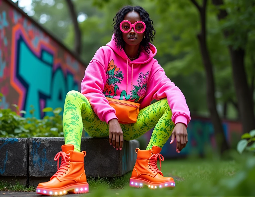 {Photorealistic Instagram image of a vibrant, eco-friendly streetwear outfit} set in a lush green park with urban graffiti walls in the background. The model is wearing a {neon-pink oversized hoodie made from organic cotton}, featuring {eco-friendly ink graffiti-style designs of plants and flowers}, with {detachable sleeves that convert it into a vest}. The outfit is paired with {slim-fit, biodegradable leggings in a bright neon-green color}, printed with a {high-sheen circuit board pattern for a futuristic look}. The model's footwear consists of {chunky, neon-orange boots with thick soles made from recycled rubber}, equipped with {integrated LED lights that flash in a rainbow of colors}. Accessories include {oversized, circular sunglasses with pink-tinted lenses} and a {recycled plastic waist bag in a translucent material that reflects different colors}. The model is {sitting casually on a graffiti-covered bench}, leaning back with one foot on the ground and the other on the bench. The scene is framed by {lush greenery}, with a {soft glow effect enhancing the neon colors} and {increased saturation making the hues pop against the natural background}. The image captures a {dynamic blend of sustainability and street style}. {High-resolution, vibrant lighting, soft glow effect}.
