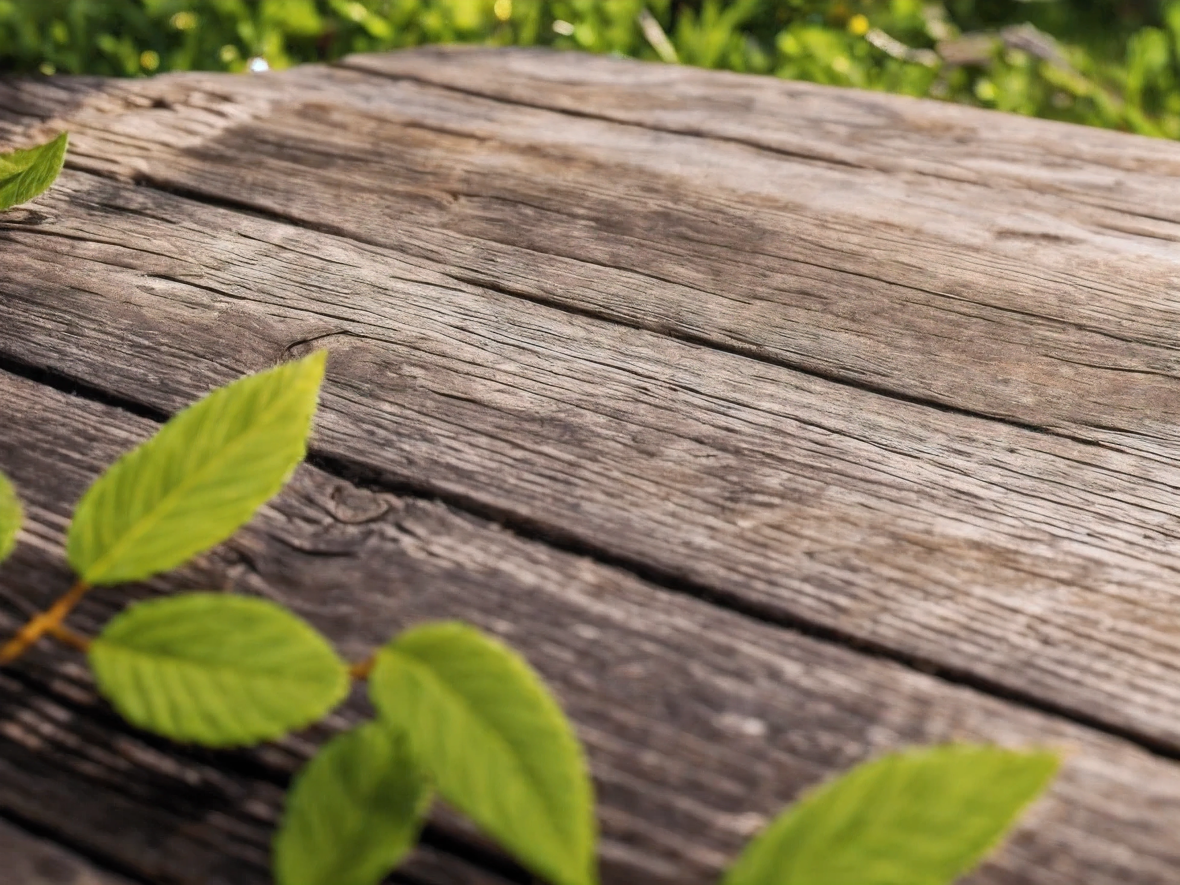 Highest quality,4K,8k,High resolution,masterpiece:1.2,Very detailed,Realist,fotorRealist:1.37 A close-up of a rustic table that symbolizes summer,Summer atmosphere,Bokeh with depth such as young leaves,Young leaves on background,Fallen young leaves on soft soil,Filtered natural light,Warm Gold、Subtle bokeh effect,Part of the background is blurred. Table texture details.,Refreshing colors reminiscent of summer Attention to detail, Emphasise the warmth and comfort of the scene