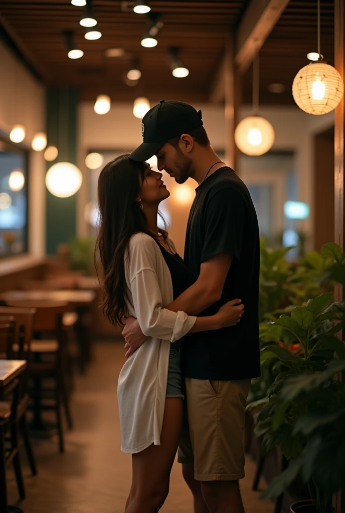21 year old Indonesian woman in long white shirt with buttons unbuttoned black underwear, jeans shorts, white shoes standing hugging 22 year old man in black shirt, black baseball cap, beige shorts, black shoes inside Starbucks cafe at night. realistic image, 4K HDR quality, DSLR bokeh effect