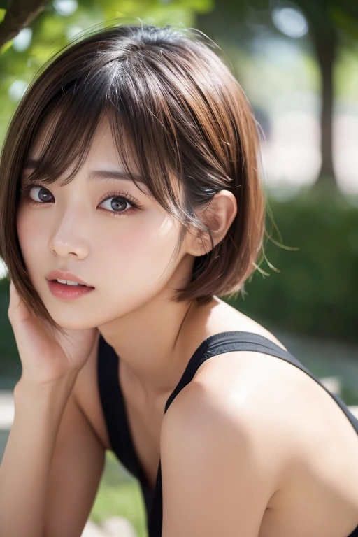 Short hair, outdoors, fair skin, messy hair, open mouth, Japanese woman, So cute, Soft and Face, Brown Hair, 8k解像度, Ultra-realistic, Super Definition, Soft Body Tight Ass Night, A cup small ((Highest resolution, 8k, masterpiece: 1.3)), Super Definition Face, Super Definition Lips, Beautiful Eyes, double eyelid