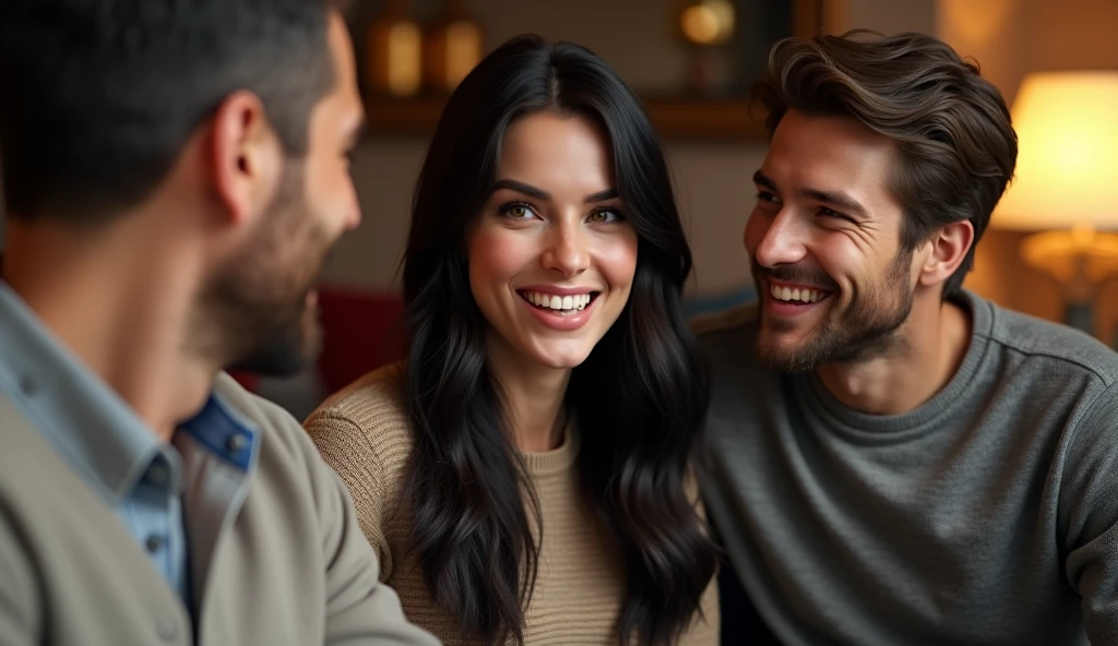 Beautiful woman with two men beside her,they are sitting in the living room having fun, the woman has long black hair, eyes browns, realistic and detailed face, age 25, highly realistic 4k model, men appear to be around 40 years old, realistic and detailed faces