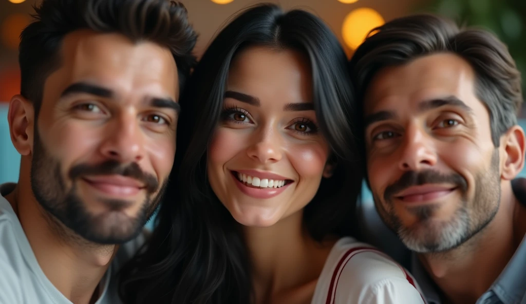 Beautiful woman with two men beside her,they are sitting in the living room having fun, the woman has long black hair, eyes browns, realistic and detailed face, age 25, highly realistic 4k model, men appear to be around 40 years old, realistic and detailed faces