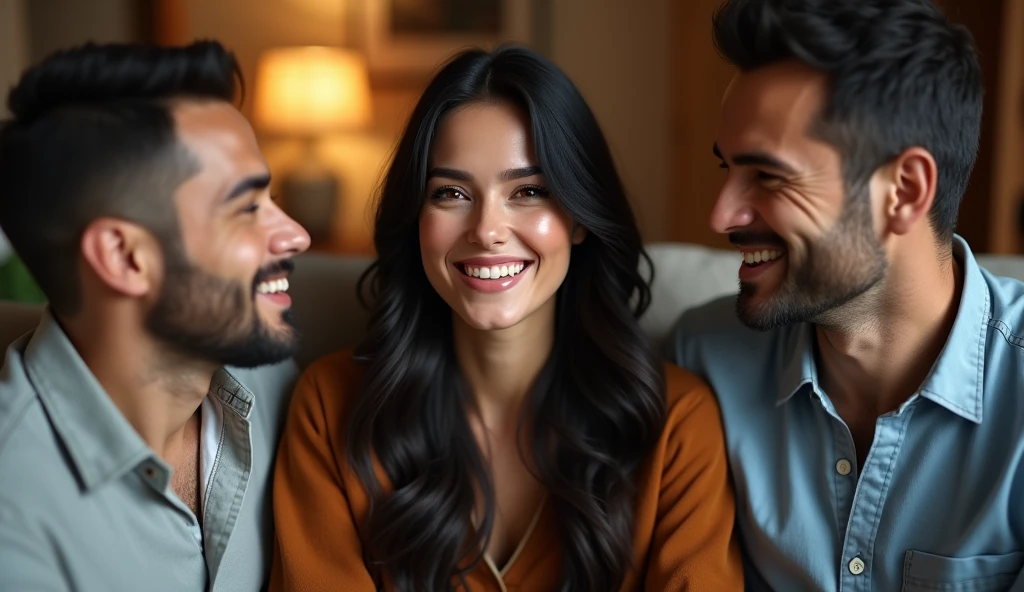 Beautiful woman with two men beside her,they are sitting in the living room having fun, the woman has long black hair, eyes browns, realistic and detailed face, age 25, highly realistic 4k model, men appear to be around 40 years old, realistic and detailed faces