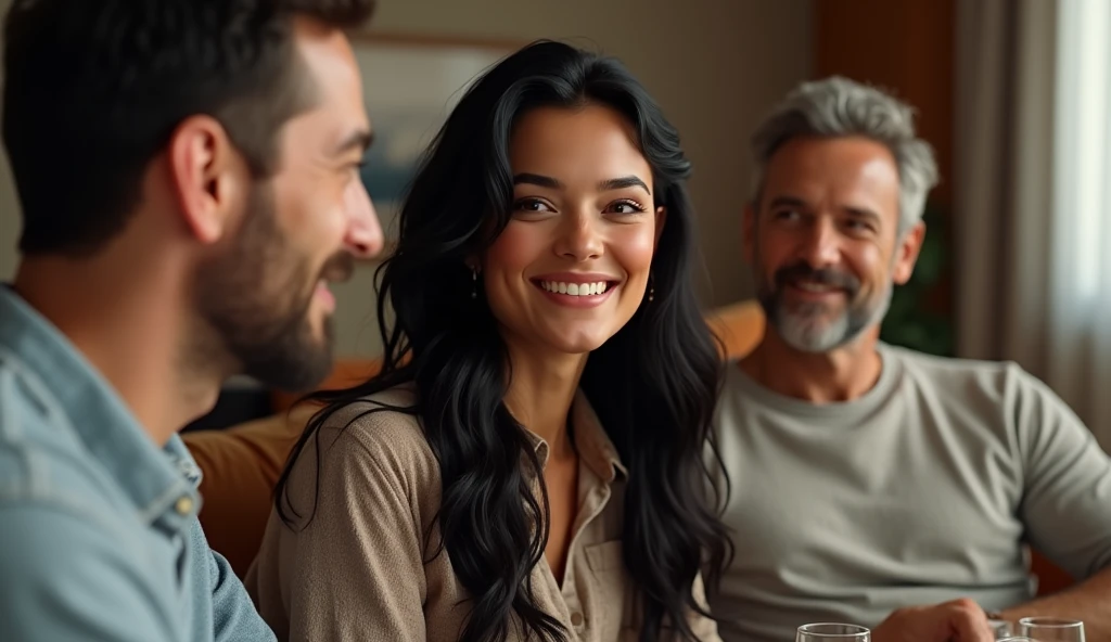 Beautiful woman with two men beside her,they are sitting in the living room having fun, the woman has long black hair, eyes browns, realistic and detailed face, age 25, highly realistic 4k model, men appear to be around 40 years old, realistic and detailed faces