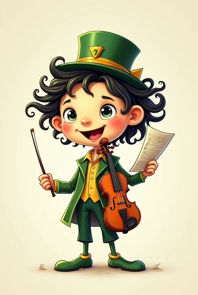 Tonico is a little maestro, metade humano, half instrument. Its lower part is a violin body, but with arms and legs, while the upper part has a friendly and expressive face, with hair that resembles guitar or piano strings. He holds a baton in one hand and a sheet of music in the other., always ready to teach or play a new melody. His outfit is a mix of colors that refer to IFRN (green and white) and wears a stylized hat, like those of orchestra musicians. mascot