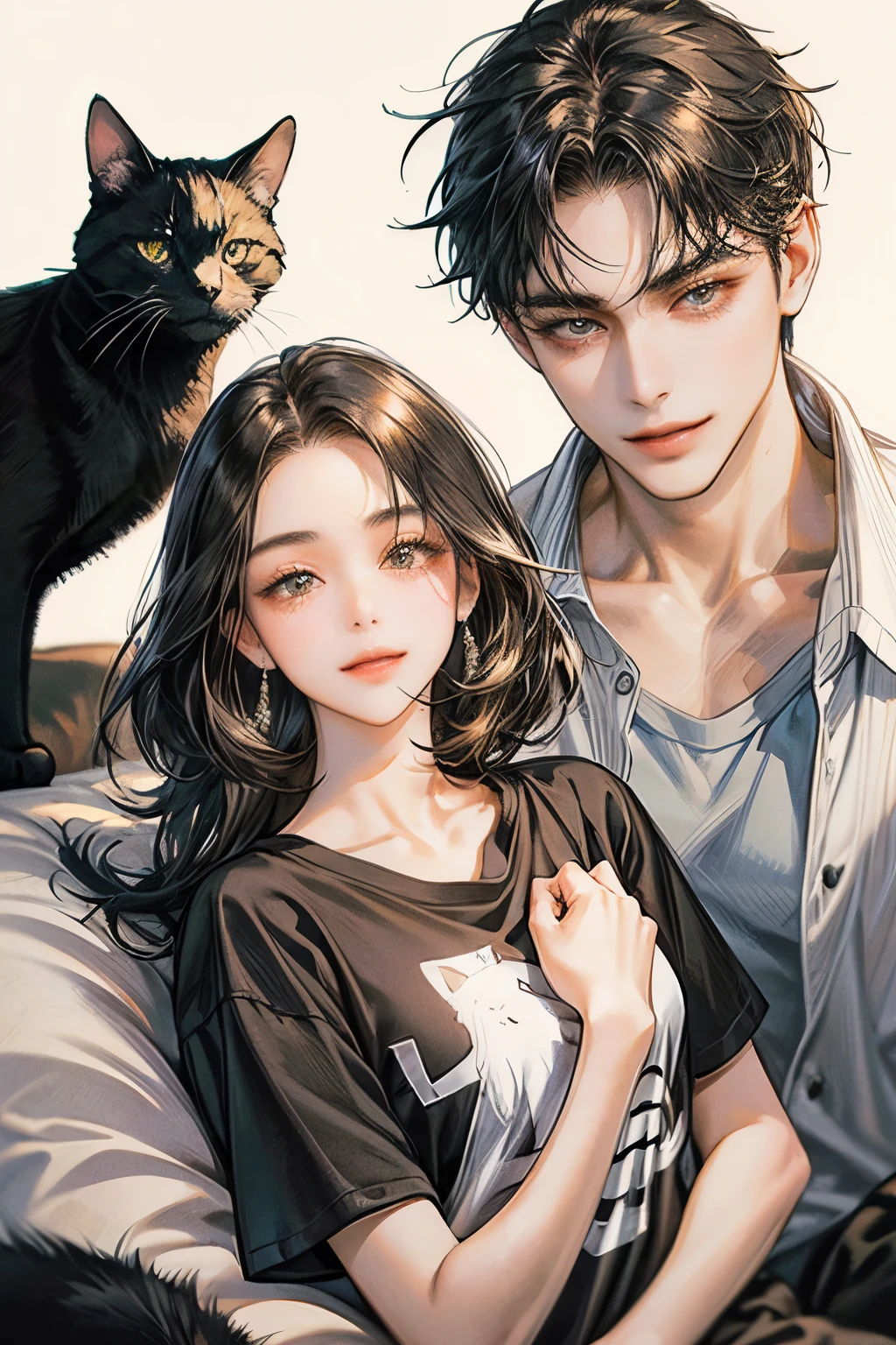 black hair, high resolution, Masterpiece, details, detailsสูง, โมเดลhigh resolution, simple background, college student couple,Play with cats, Black Cat, black hair, long hair woman, Men with short hair, simple background, bedroom, smile, t-shirt, sexy woman, brown eyes