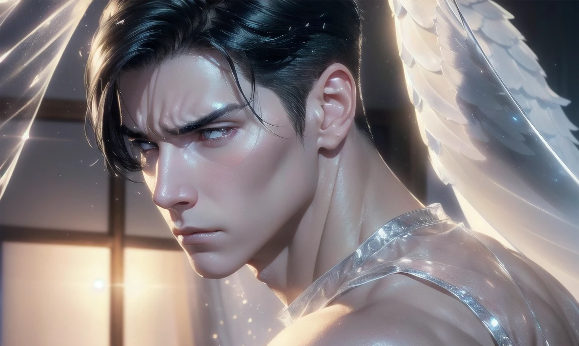 [((highly detailed, detailed eyes, detailed face, clear and realistic facial features, photorealistic, realistic light, cinematic, looking at you)), (1 man), (((((Gorgeous perfect sexy powerful masculine male angel with see-thru wings))))), (((the invisible phantom wings a his back are just hinted at))), ((((short sexy black hair)))), ((((pale silver eyes)))), ((30 years old)), ((wearing flattering white clothes)), (((aura of divine power))), standing in a cozy apartment at nighttime, ((light blush)), (((((wearing an annoyed expression)))))]