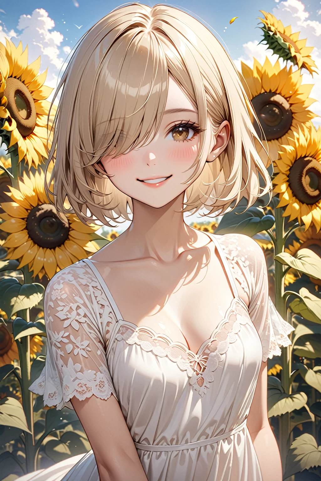 masterpiece,highest quality,32K,ultra detailed,young woman,light brown eyes,light makeup,flat chest,cleavage,fair skin,shiny skin,happy smile,silky hair,hair over one eye,pixie cut,straight hair,beige hair,white lace dress,looking at viewer,cowboy shot,sunflower garden