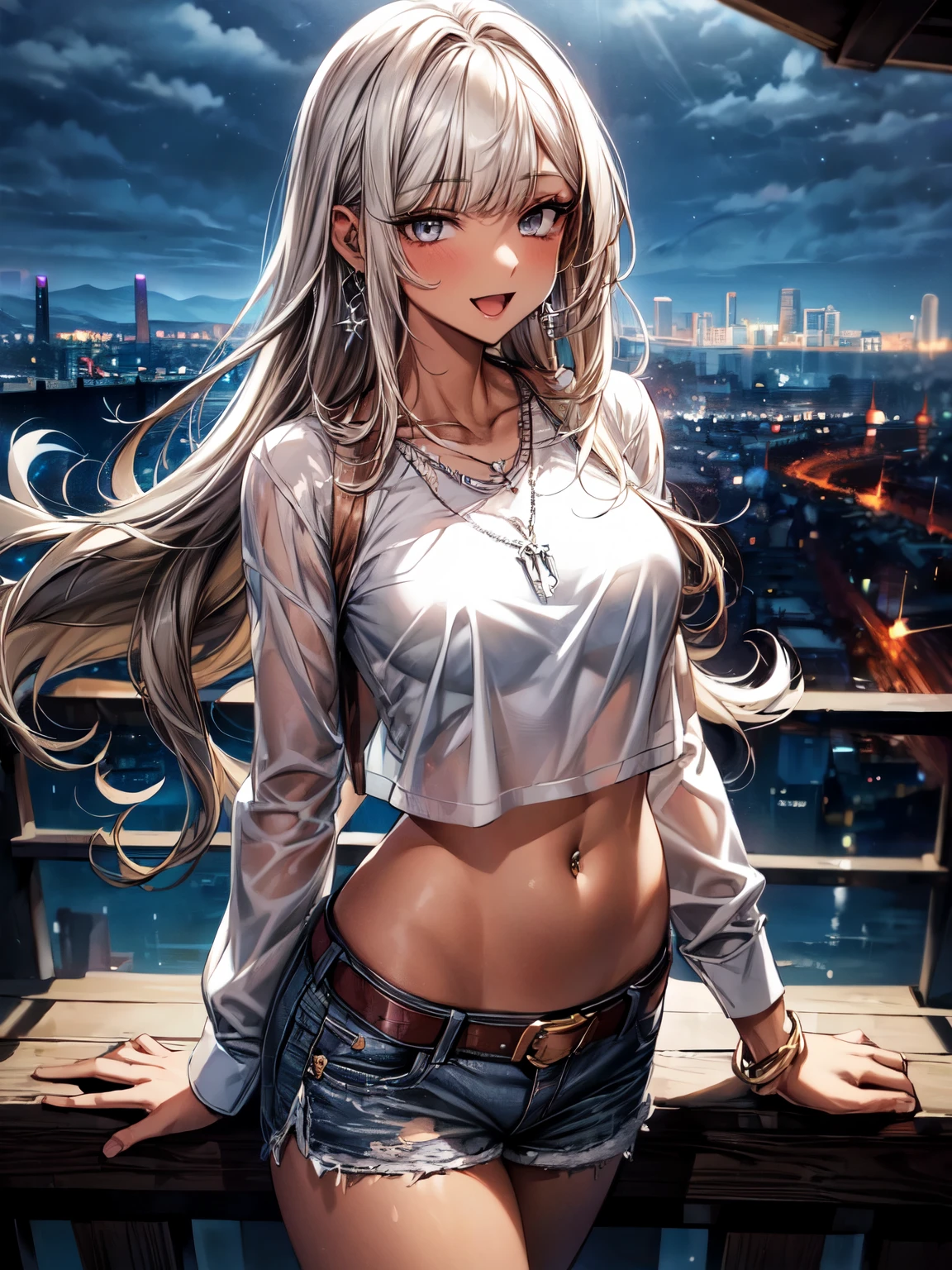 ((masterpiece, Highest quality, Very detailed)),
One girl, 20 years old, gyaru, full makeup, BREAK ((brown skin:1.3)), ((tannes skin:1,3)), ((blonde)), Long Hair, blunt bangs, wavy Hair, BREAK ((grey eyes:1.3)), thick thighs, medium breasts, looking at viewer,
cowboy shot, evil smile, ((open mouth)), ((tongue out)),
random porn pose,
((lots of pierced earrings, silver chain necklace, silver bracelet)), ((bare belly button, belly piercing)),
BREAK ((open white collar shirt:1.3)), (cleavage, Unbuttoned), BREAK (leopard print bra), BREAK (plain black pleated skirt), micro mini skirt,
(beautiful scenery), (panoramic view:1.3), ultra-wide angle lens, ((Night City:1.3)), city, lanterns, street, (neon lights:1.1), starry sky overhead, (public:1.2),