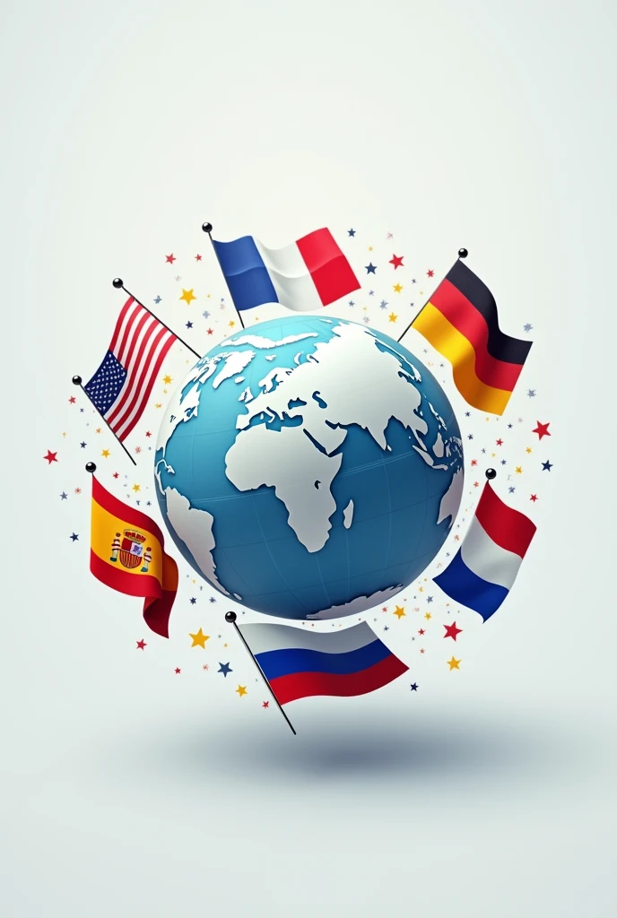 generate me an image with the english flag, American, espagnol, Portuguese, French, german, Dutch and Russian floating around a globe