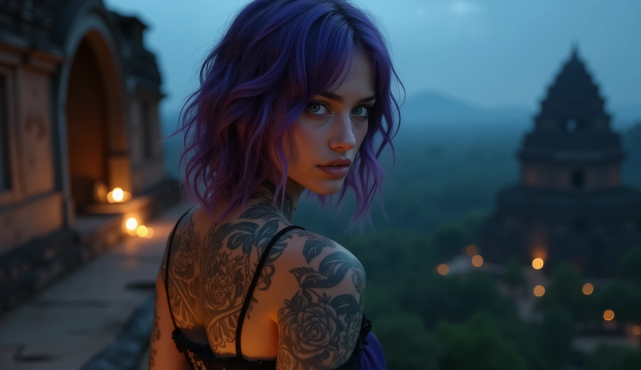 tatuados,Very beautiful big breasts、(dress)(H-Cup Bust),(Back tattoo、Many tattoos on both arms and neck)、 (Late night at Sigiriya Rock in Sri Lanka - Ancient royal palace ruins built on the lion's rock),Candlelight only,Very detailed, 2, A beautiful woman,Depressed face, Purple Hair,Medium Wavy Hair, blue eyes, High resolution, masterpiece, Highest quality, Intricate details, Very detailed, Clear focus, Delicate skin, practical skin texture, texture, Delicate eyes, Professional, 8k, Sad face,despair、 Shot with Canon, 85mm, Shallow and deep, Kodak Vision Color, Exactly, Very detailed, photograph_\(Extremist\), photographpractical, practical, Post-processing, Maximum details, Roughness, Real Life, Extremist practical, Photorealism, photographgraphy, 8k ウルトラ HD, photographgraphy