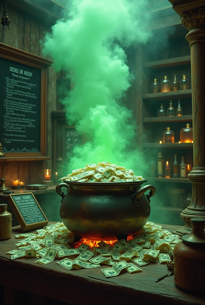 Imagine an aged metal cauldron, placed on a crackling fire in a sorcerer&#39;s apprentice laboratory. The cauldron is overflowing with banknotes, which cascade around him. Thick green smoke billows from the cauldron, mingling with the other strange objects in the laboratory : potions, open grimoires, and various magical instruments. At the back of the room, you can see a blackboard with writing in clear, legible characters:: The recipe for a million. The whole thing is bathed in a subdued and mysterious light., adding a touch of adventure and magic to the scene.