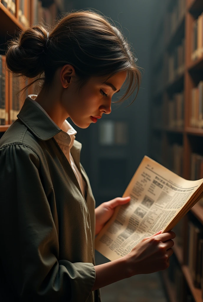 A librarian picking up a period newspaper,ultra-realistc,from totorreal,32K,she's not looking at the camera but the whole environment is kind of dark