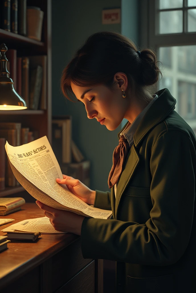 A librarian picking up a period newspaper,ultra-realistc,from totorreal,32K,she's not looking at the camera but the whole environment is kind of dark
