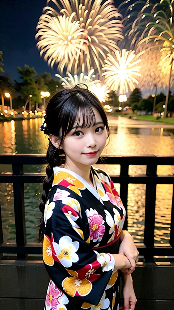 Fireworks display,whole body,yukata,Black Hair,braid,