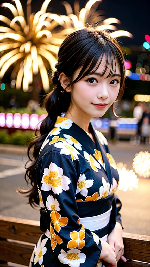 Fireworks display,whole body,yukata,Black Hair,braid,