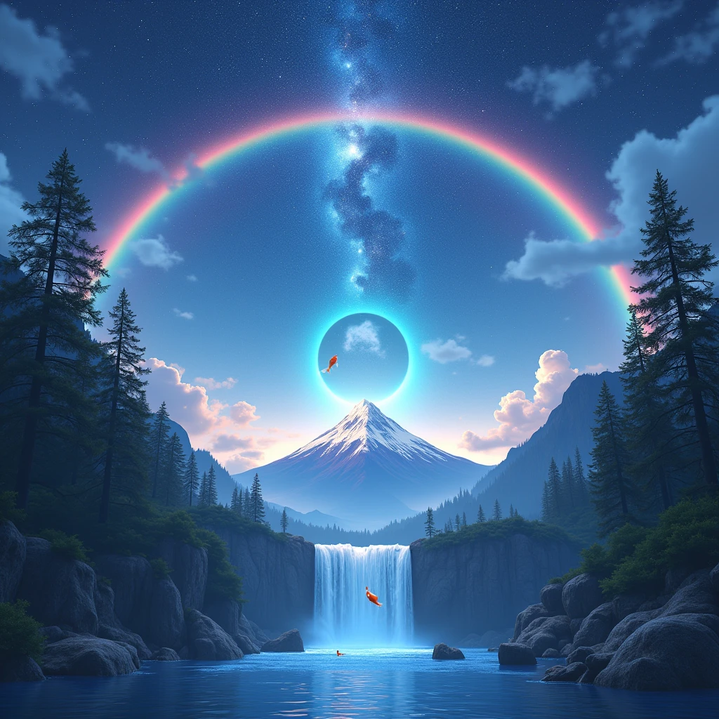 (photorealism:1.2), clear night skies with million galaxy and trillions stars and all planets and rainbow above the mountain and pine tree and falls with yin and yang gold fish and a upside down world