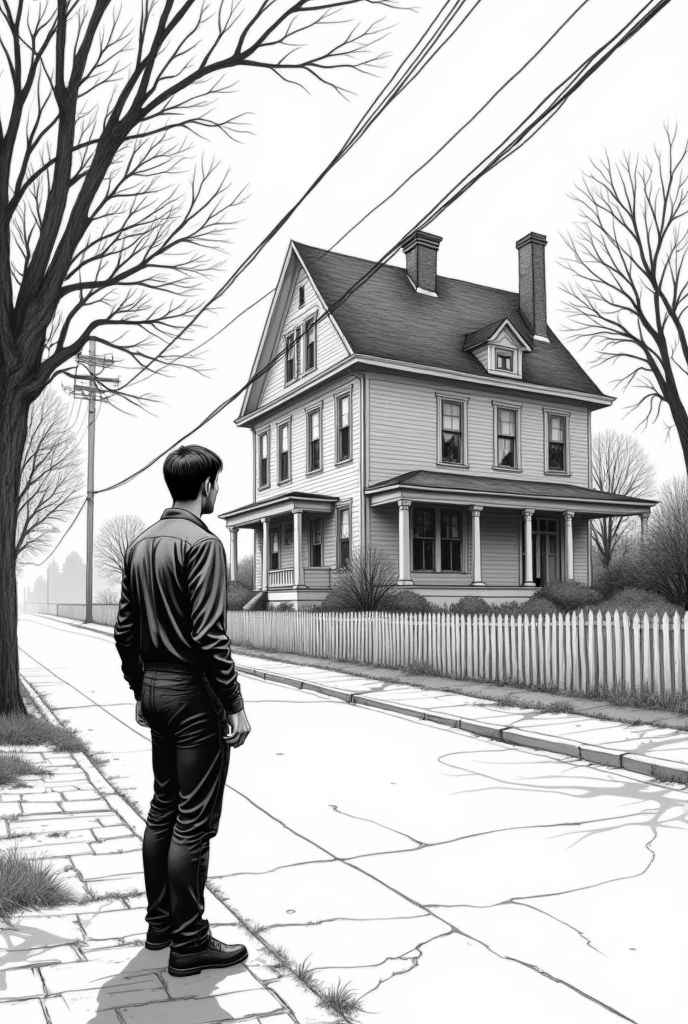 Create a lineart illustration Setting: Bernard Milligan stands across the street, his dark eyes fixed on the Talbott house, mentally trying to control the energy swirling through the house.
Details: [Bernard may be shown in a rigid posture, with intense, dark eyes.] Lines of invisible energy, represented by subtle ripples in the air, may connect his mind to the house. [The image of Marine inside the house, wrapped in a cocoon of magical protection, may be seen blurred or distorted, suggesting the connection has been broken.]