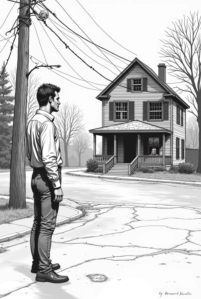 Create a lineart illustration Setting: Bernard Milligan stands across the street, his dark eyes fixed on the Talbott house, mentally trying to control the energy swirling through the house.
Details: [Bernard may be shown in a rigid posture, with intense, dark eyes.] Lines of invisible energy, represented by subtle ripples in the air, may connect his mind to the house. [The image of Marine inside the house, wrapped in a cocoon of magical protection, may be seen blurred or distorted, suggesting the connection has been broken.]