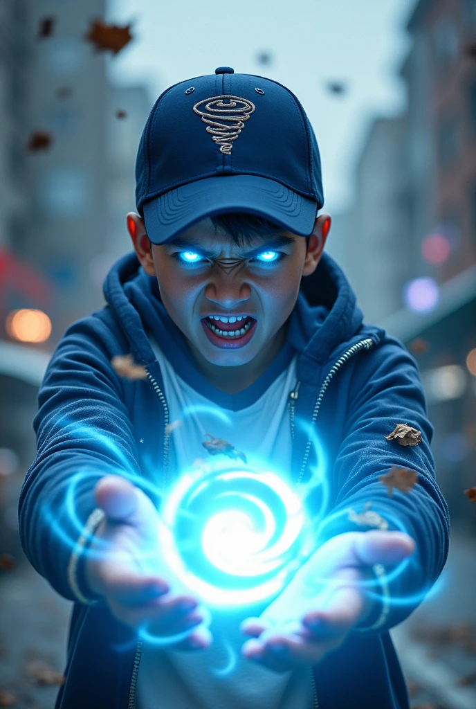 a young real age age . 19 Malaysia Indonesia.(Blue eyes) Glowing eyes. Anger face. Open mouth. . wearing an (navy blue white ) zip-up shirt, (nay blue white) navy blue cap with small logo (tornado) logo. Enger face . Dramatic.navy blue hoodie., detailed face, cinematic lighting, dramatic atmosphere,. Winter day. vibrant colors, 8k, high quality, photorealistic. Hero suit. Wind come from his hand. Glowing white wind element from hand, tornado everywhere . Glowing hand lightblue .navy blue , wind logo design . Very strong. Future design dress. Very epic. Very cool background.. dark sky. Very strong. Tornadastorm . Wind very strong . Flying dry leave everywhere.. wind ball sharp shape power from hand .rasengan . At city. Damage building. Floating small rock everywhere.
