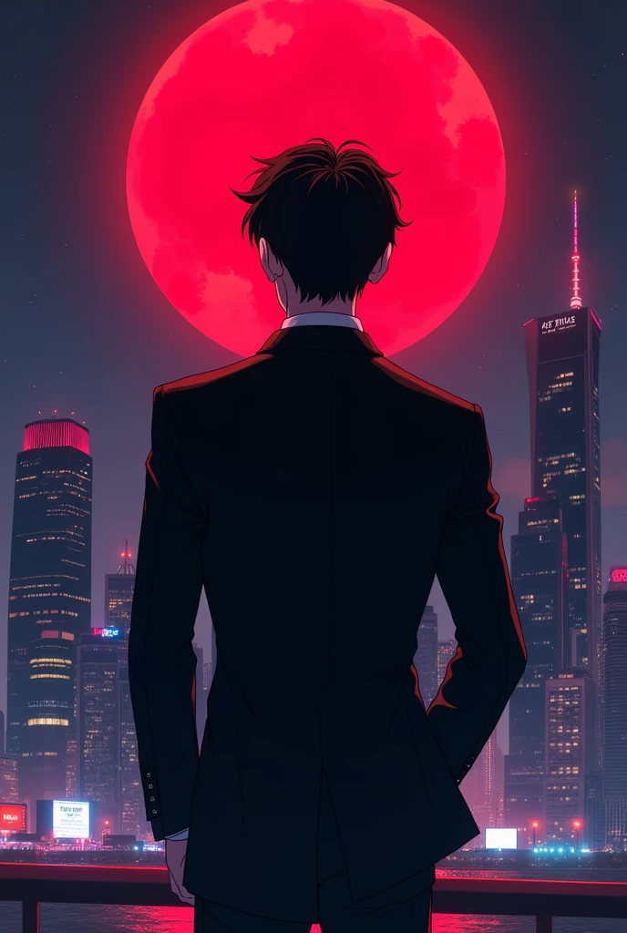 Show me a animated picture of a asian young man wearing a fitted black suit turning his back into a background featuring a night city with a red moon